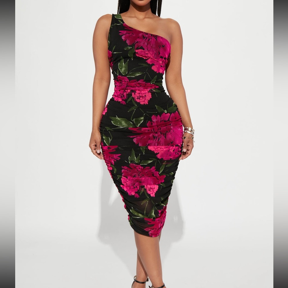 Ruched floral midi dress
